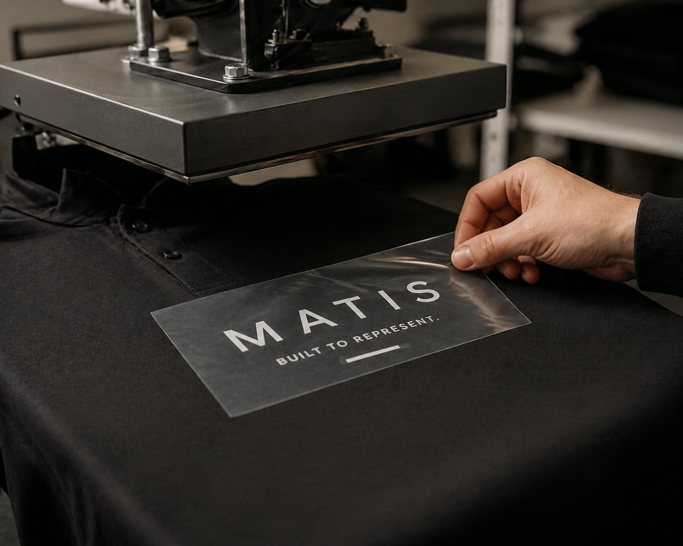 Hand legt transparenten Aufkleber mit dem Text »MATIS BUILT TO REPRESENT« auf einen schwarzen Stoffoberfläche neben einer Druckmaschine.