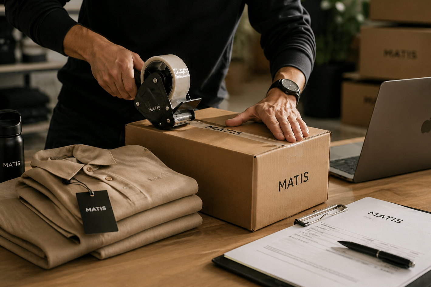 Mann verpackt ein Paket in einem Lager mit einem Etikett 'MATIS', umgeben von beige Kleidung, einem Laptop und einem Clip-Board auf einem Holzschreibtisch.