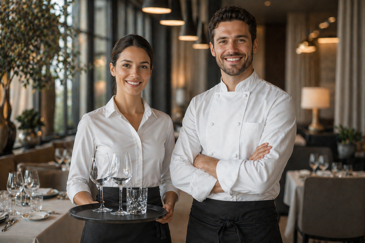 Zwei professionelle Köche, ein Mann und eine Frau, stehen in einem eleganten Restaurant, lächeln, und die Frau hält eine Servierplatte mit Weingläsern.