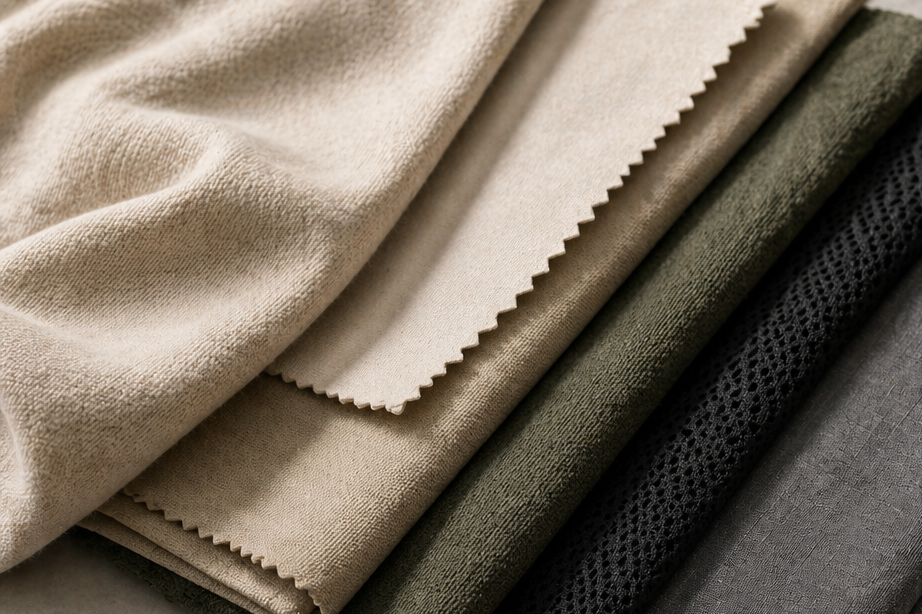 Verschiedene Stoffproben in neutralen Farben und unterschiedlicher Textur.