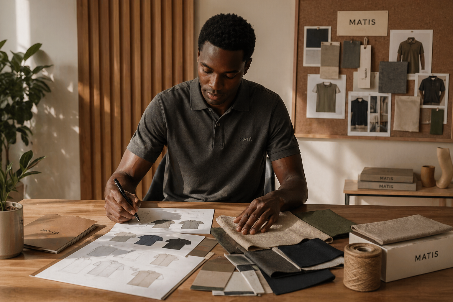 Mann arbeitet in einem Designstudio an Stoffmustern und Skizzen für Kleidung, umgeben von Materialproben und Designpapieren.