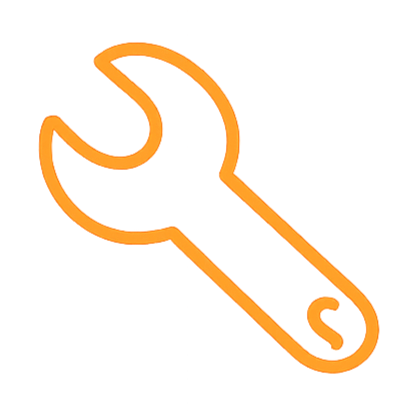 Orange outline of a wrench on a black background.