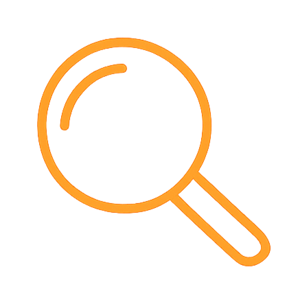 Orange magnifying glass icon on a transparent background.