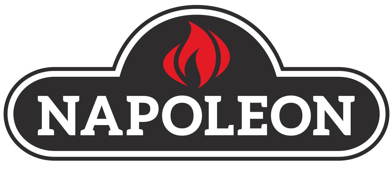 Logo for Napoleon with a red flame above the brand name in white capital letters, within a black and white bordered shape.