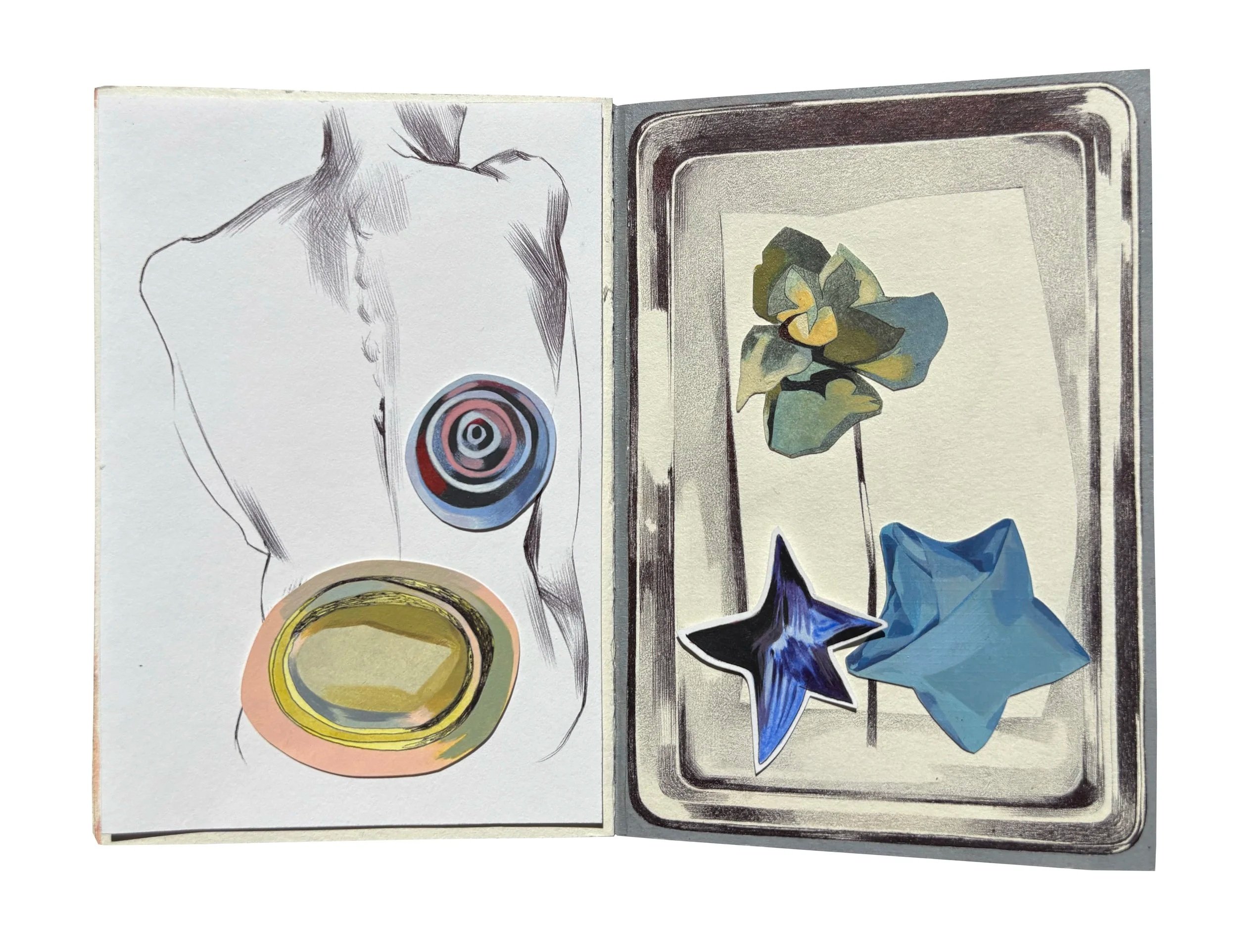 paintings of some sentimental objects splayed over a quick life drawing.