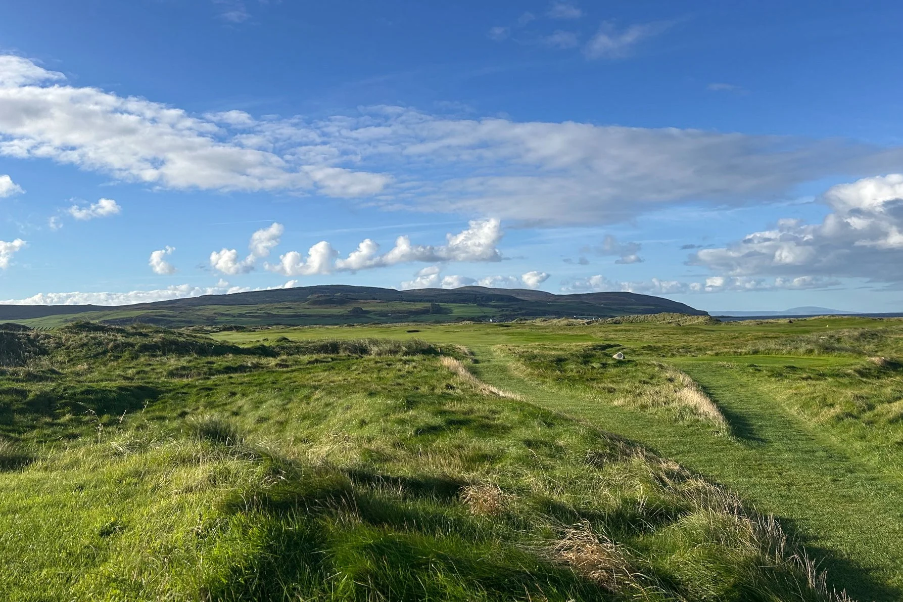 A lush green landscape with meadows and rolling hills under a bright blue sky with scattered clouds.