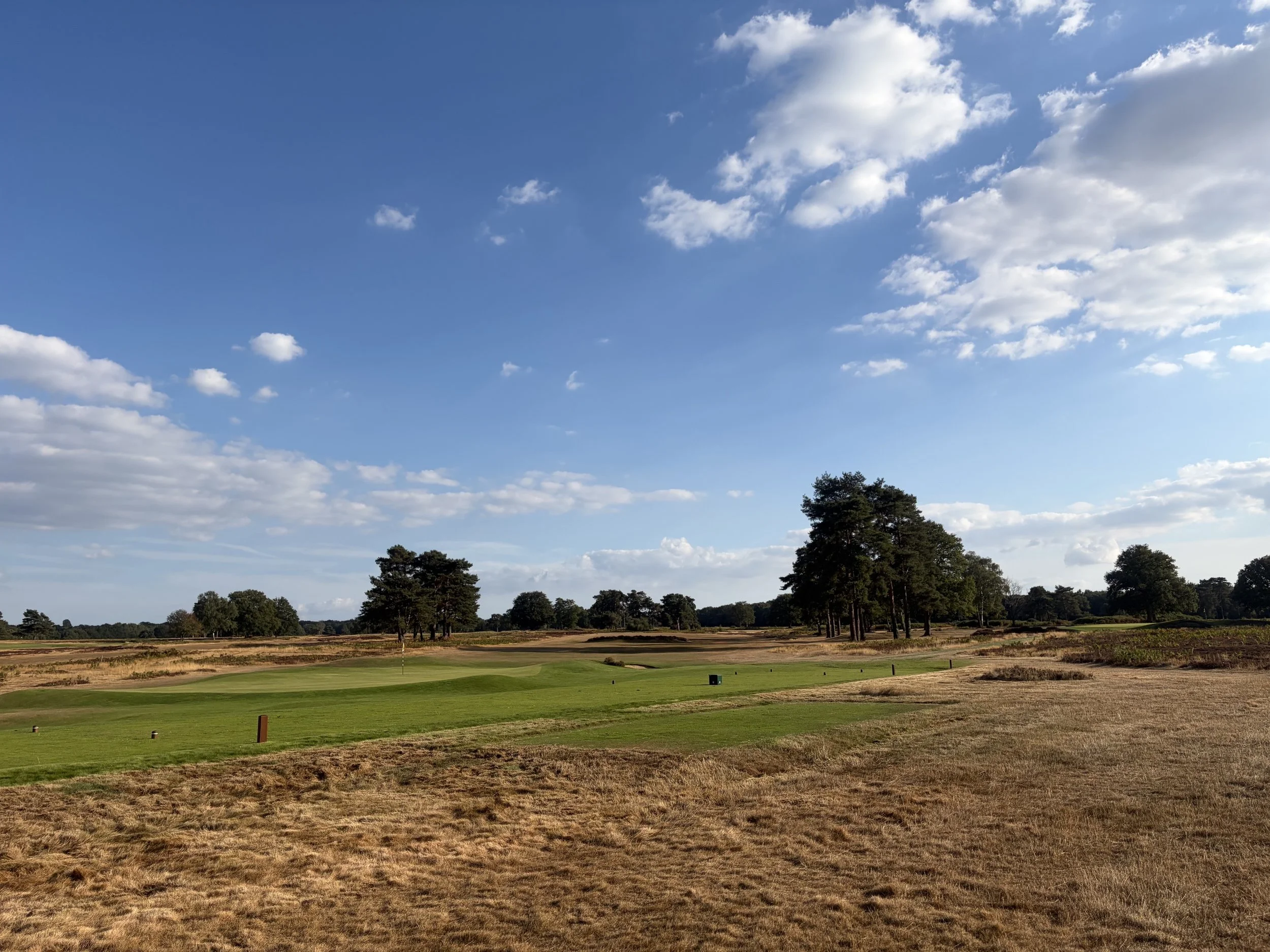 A golf course under a blue sky with scattered white clouds and trees in the background.