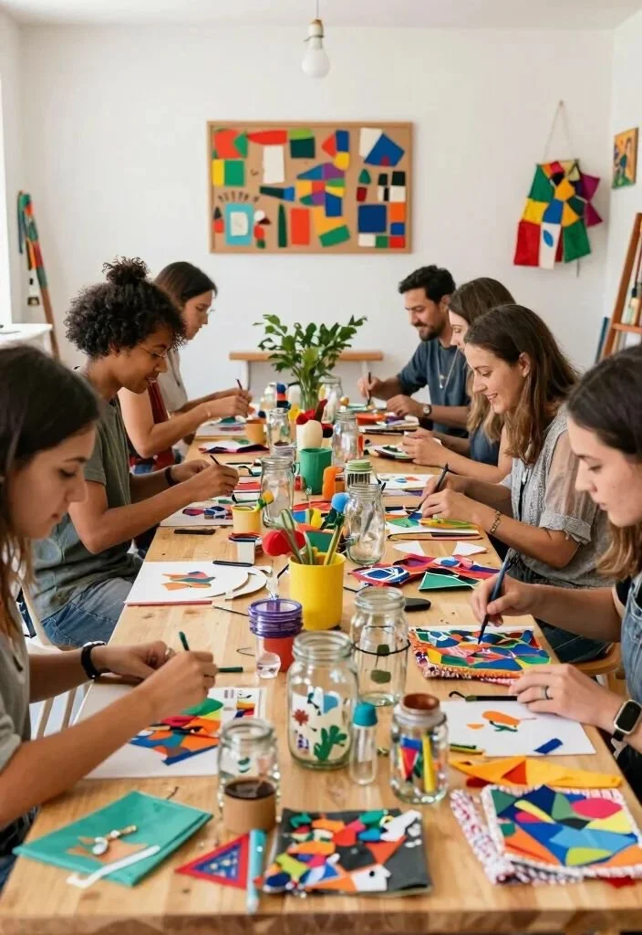 People participating in an arts and crafts workshop, working on colorful paper collage projects at a long table in a well-lit room decorated with abstract artwork.