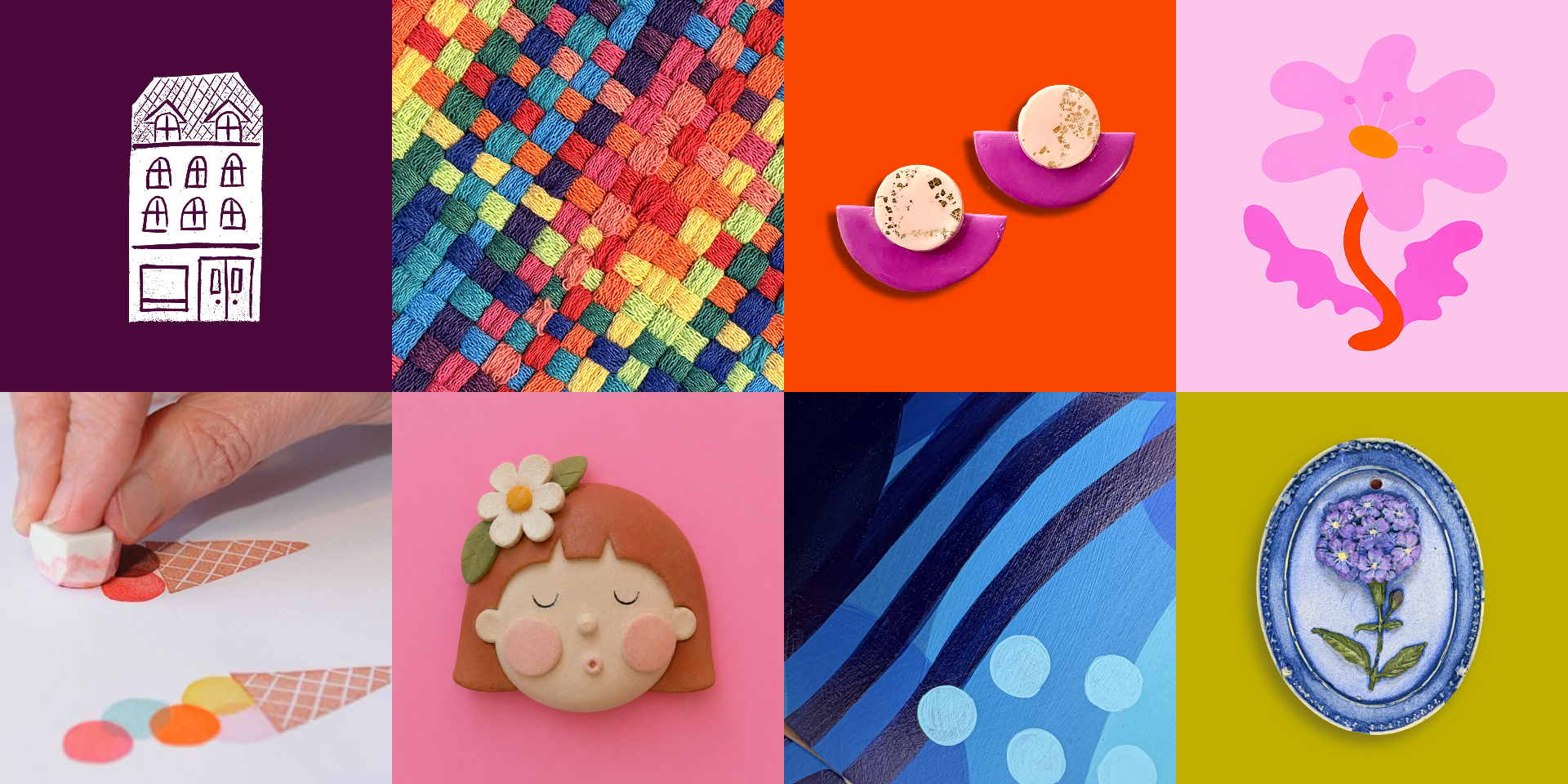 A collage of colorful arts and crafts including a white drawing of a house on purple paper, a multicolored woven fabric, two purple and white decorative stones, a pink and purple floral illustration, a clay girl with a flower on her head, a blue floral ornament, and blue painted paper with dark and light blue wavy stripes and polka dots.