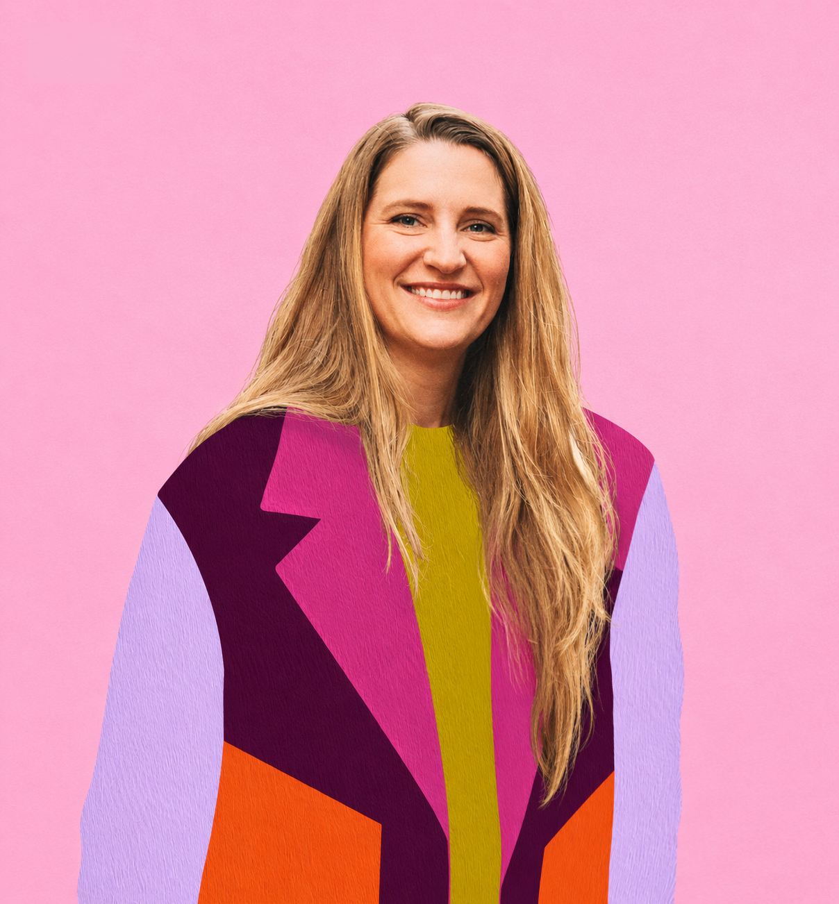 A woman with long blonde hair smiling, wearing a colorful jacket against a pink background.