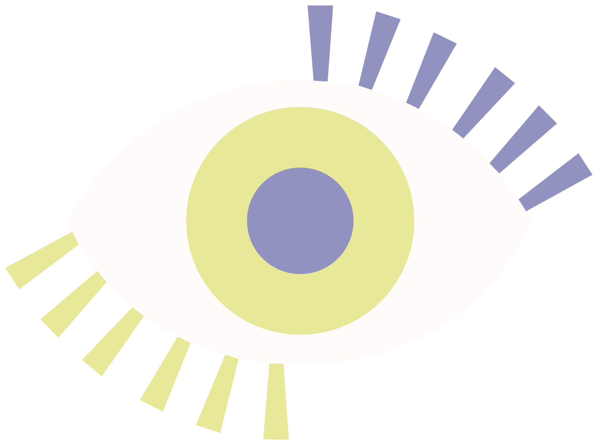 Illustration graphique représentant un œil stylisé avec reflets violets à l'intérieur, contour blanc, rayons verts pâles émanant.