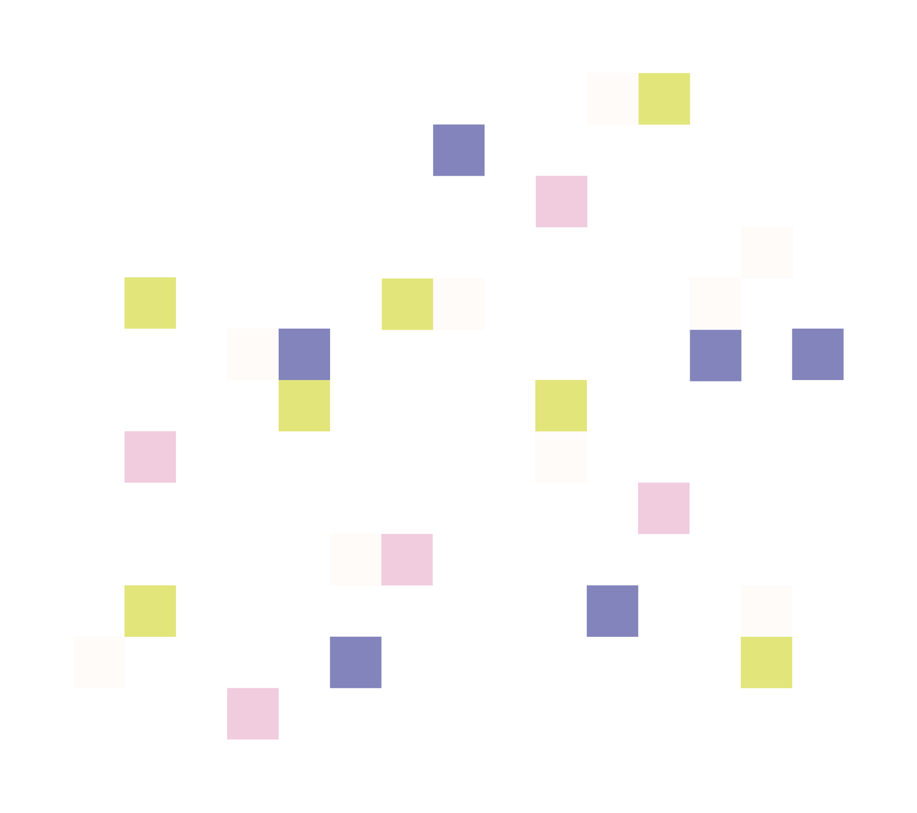 Image d'un schéma abstract avec des carrés de différentes couleurs (violet, jaune, rose, blanc) dispersés sur un fond blanc