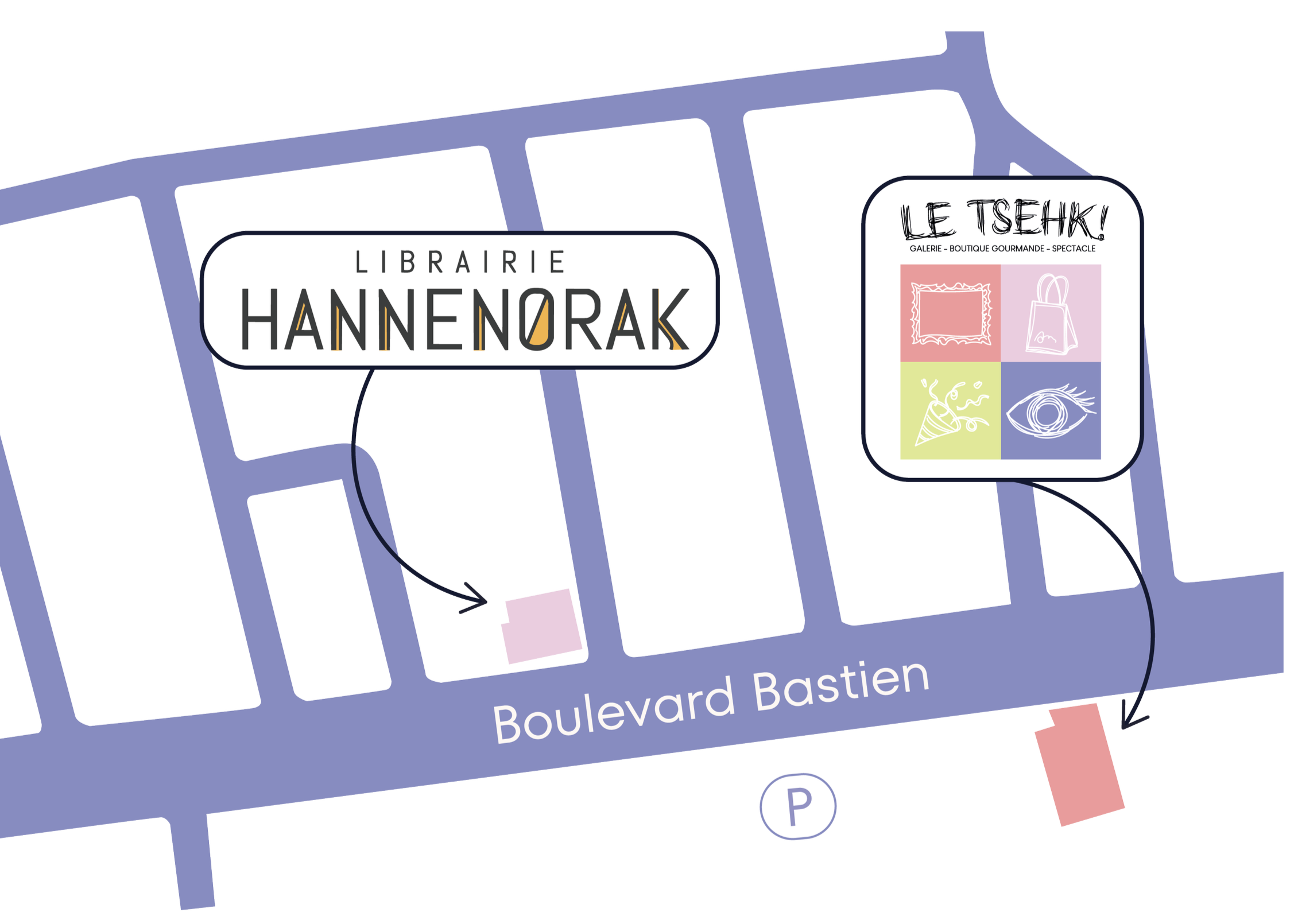 Sur une carte du Vieux-Wendake, il y a une affiche pour une librairie appelée 'Librairie Hannenorak' située sur le boulevard Bastien. À côté, il y a une publicité pour un lieu nommé 'Le Tsehk!'.