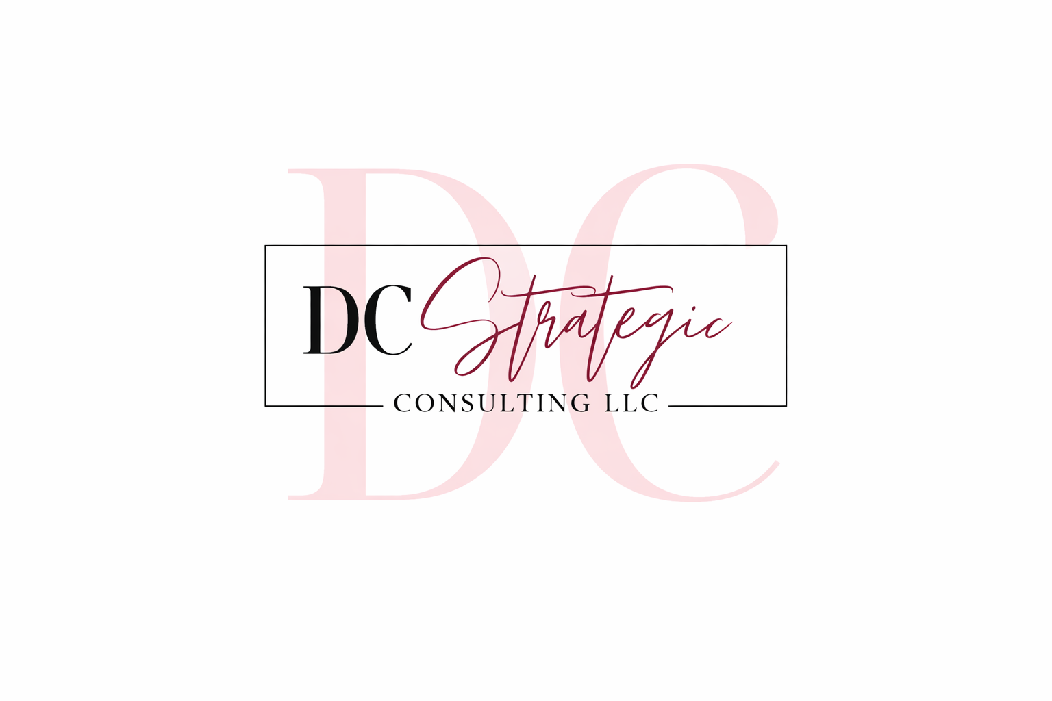 Logo for DC Strategic Consulting LLC with the initials DC and the words 'Strategic Consulting LLC' in a stylish font inside a rectangular outline, with a large, faint pink 'DC' in the background.