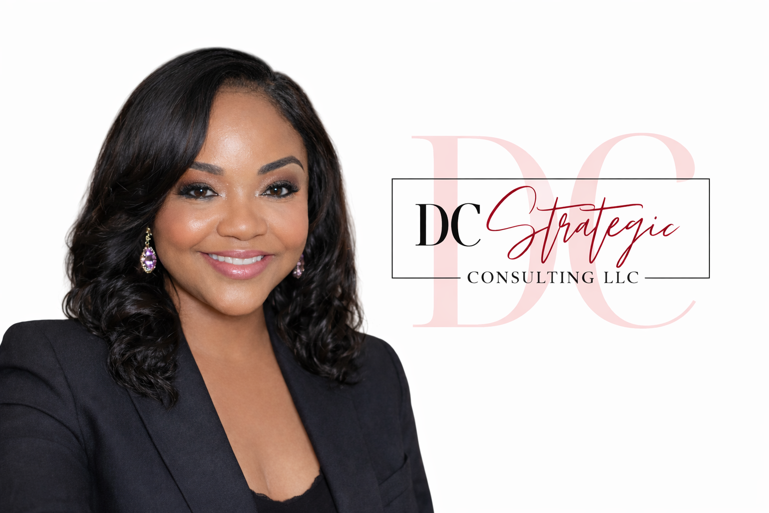 Professional woman in black blazer with earrings smiling next to a logo for DC Strategic Consulting LLC.