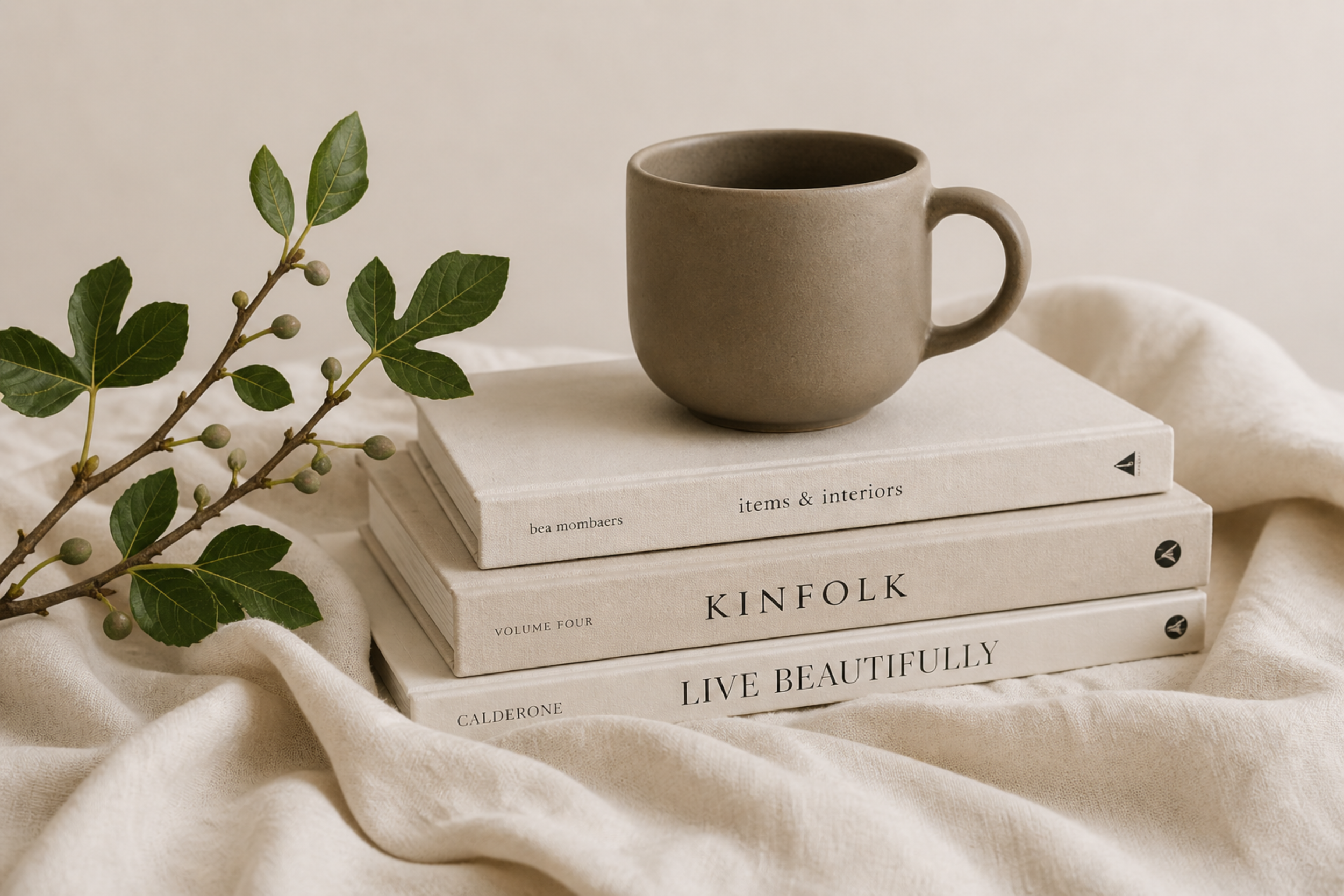 Cozy neutral-toned vignette featuring a ceramic mug resting on stacked books, soft linen fabric, and natural greenery, creating a calm and inviting atmosphere.