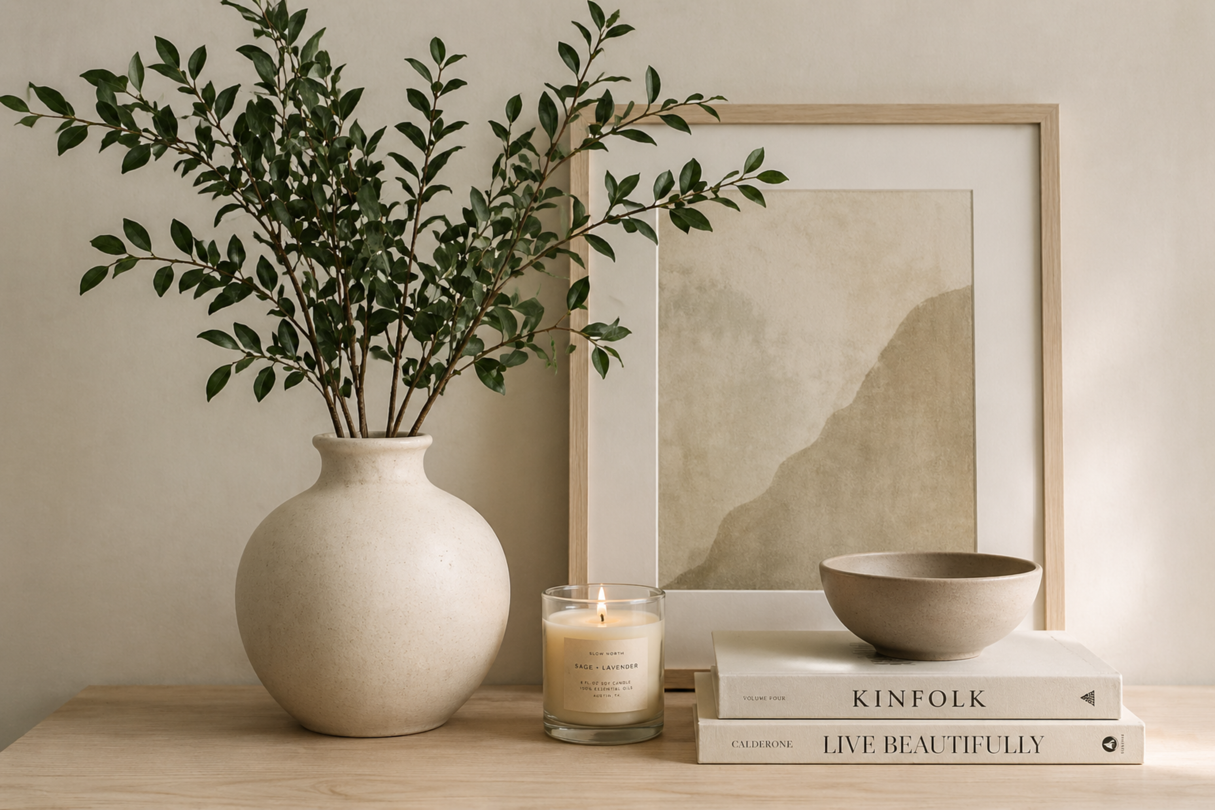 Simple, neutral-toned home décor vignette featuring a ceramic vase with greenery, framed artwork, a lit candle, and stacked books on a wood console table.