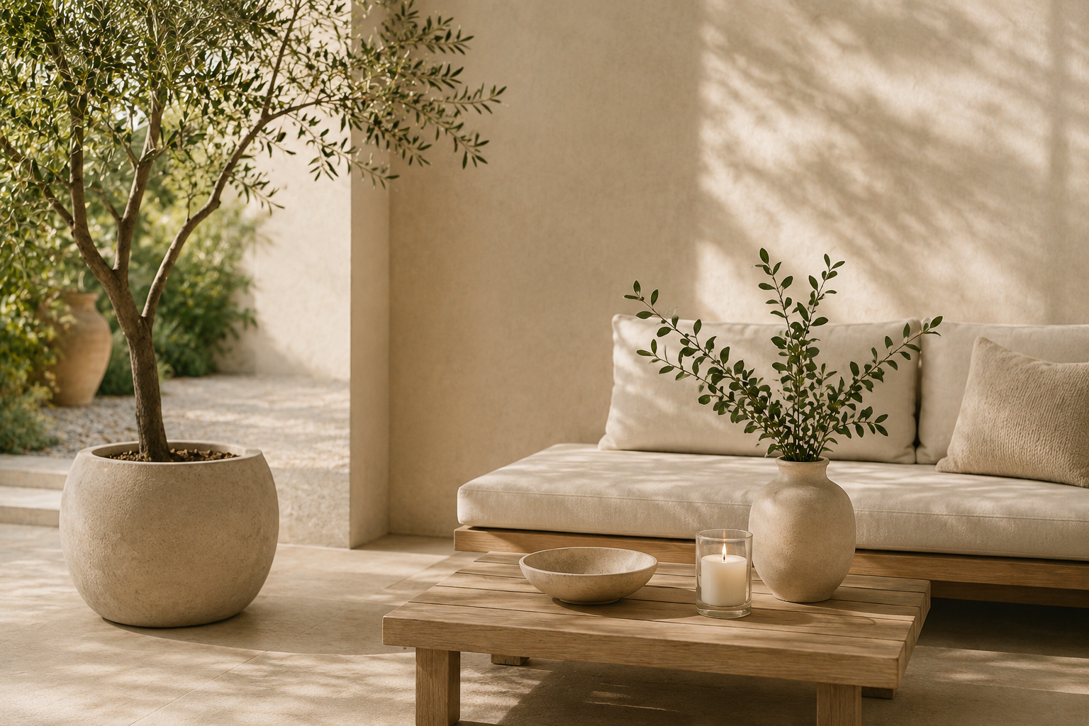 Serene outdoor patio with neutral furnishings, natural wood accents, potted greenery, and soft sunlight creating a calm and inviting space.