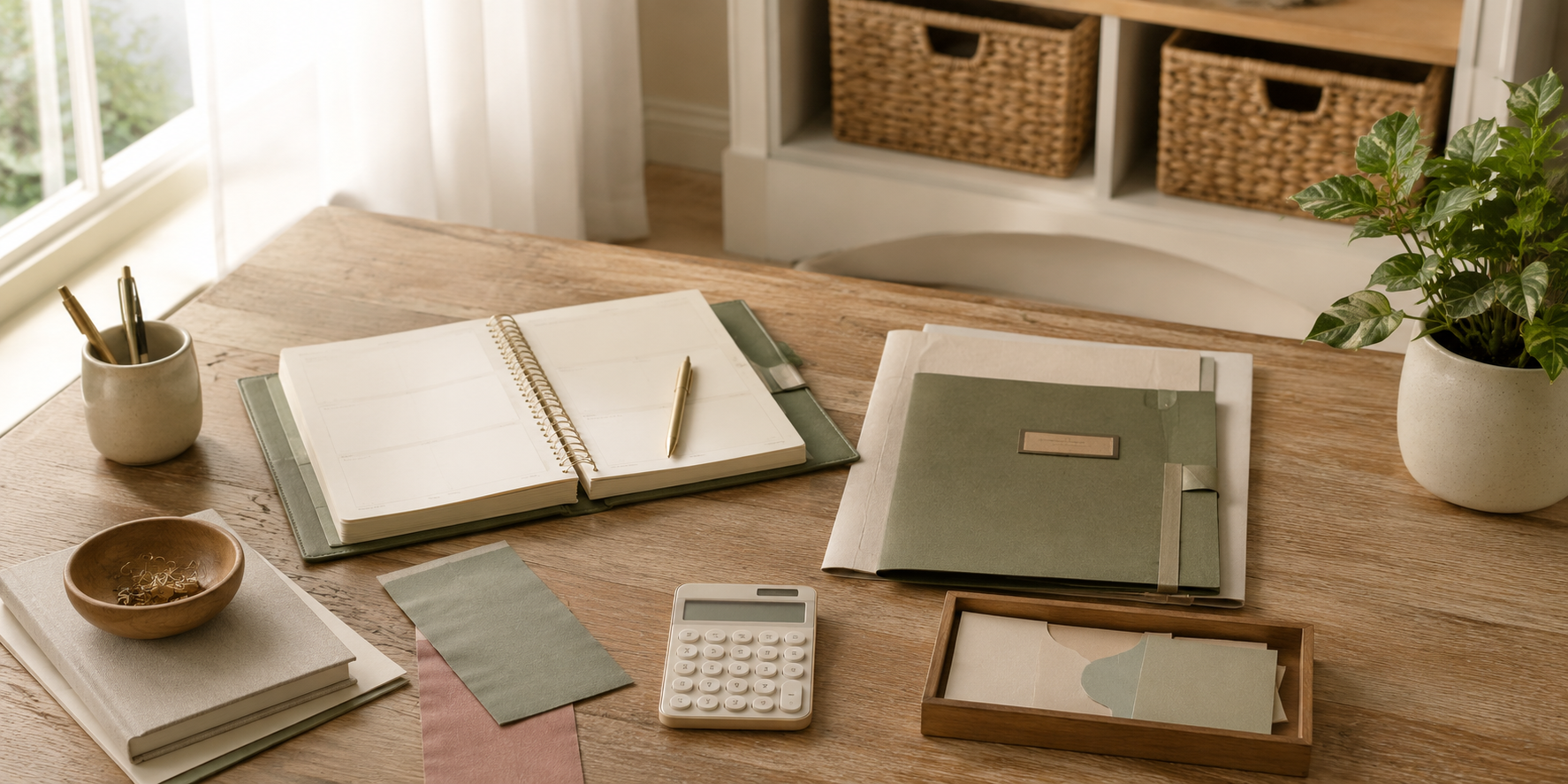 Organized small-business workspace with an open planner, file folders, calculator, and plant in a warm, sunlit office.