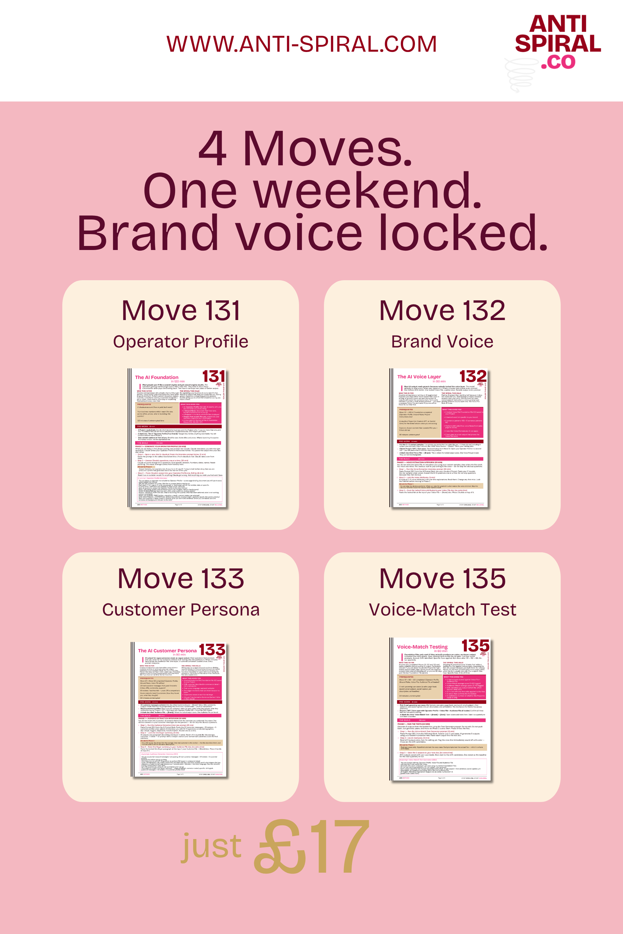 Brand voice locked in one weekend, four Moves, £17.