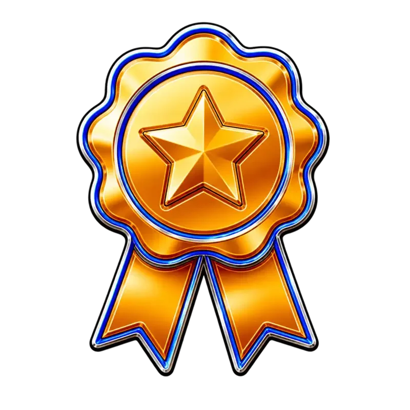 Gold medal with a star in the center and two ribbons hanging down, outlined with blue accents.