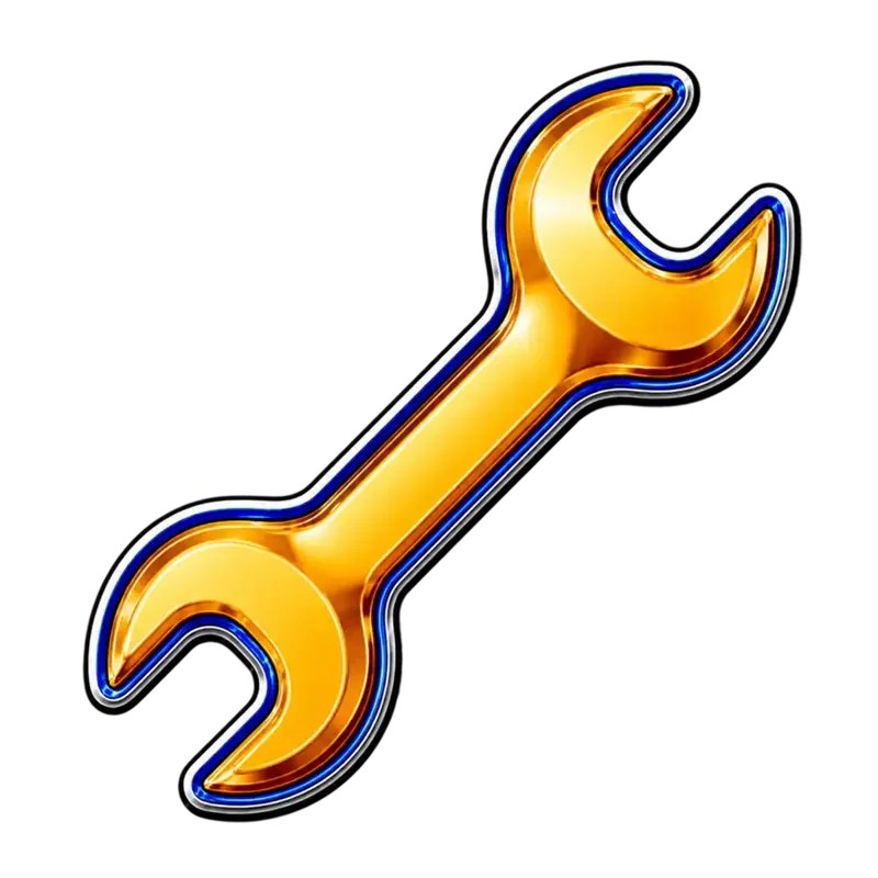A glowing gold wrench with a blue and white outline against a black background.