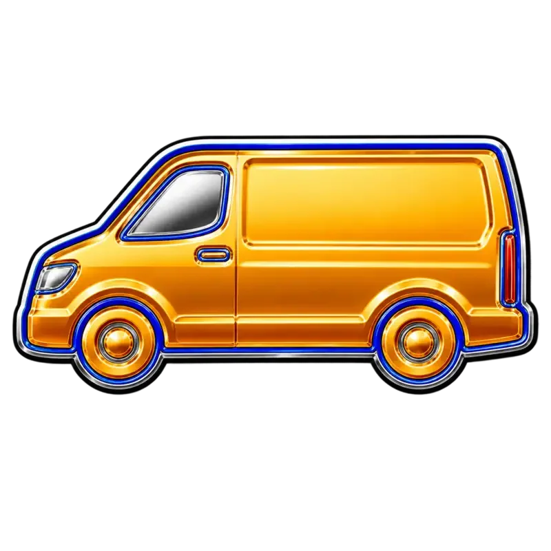 A shiny, stylized gold and blue cartoon delivery van logo.