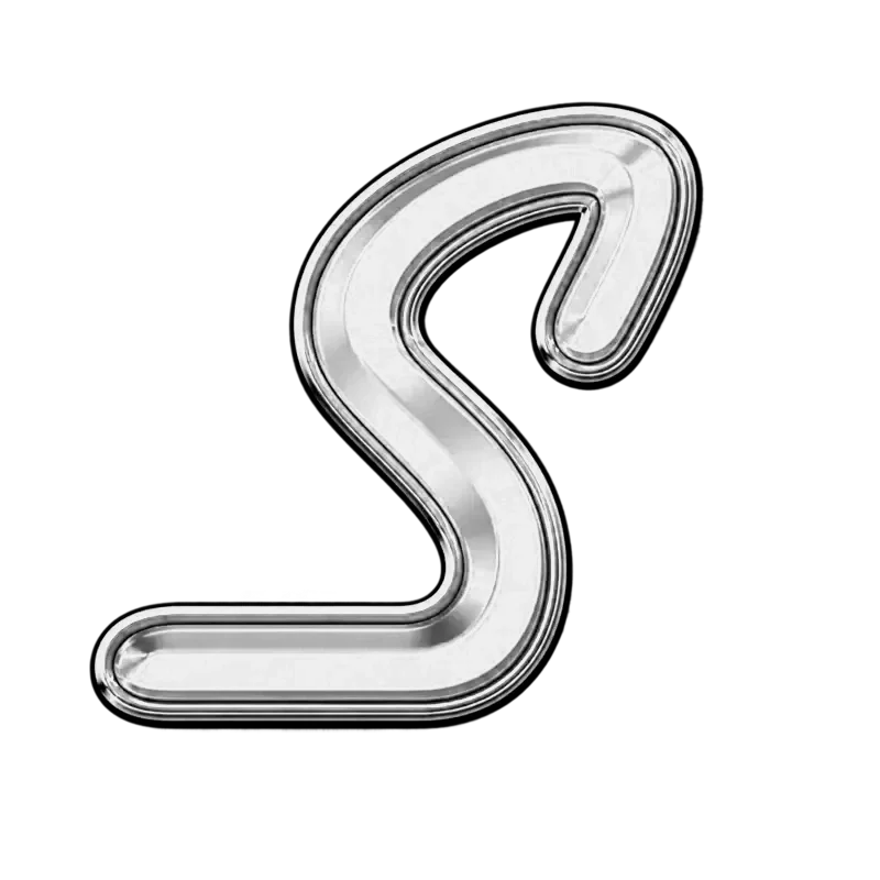 A shiny, metallic letter 'S' neon sign on a black background.