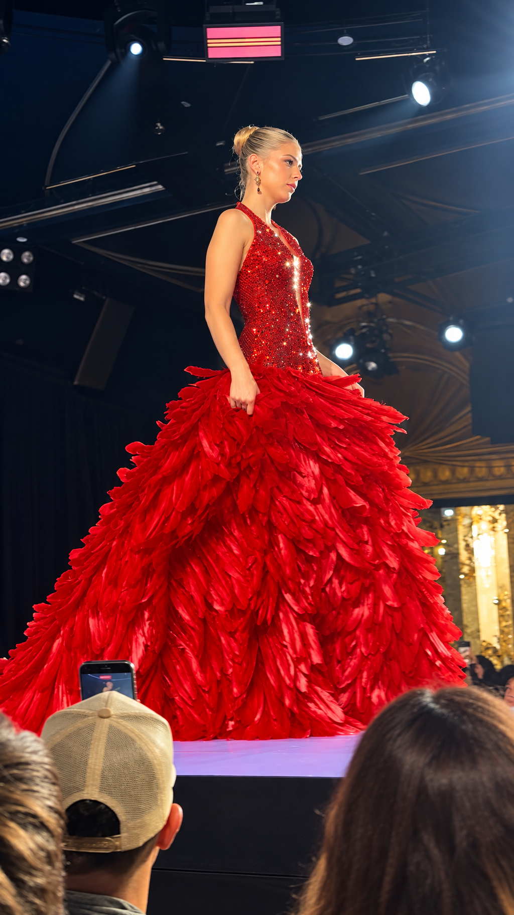  The Red Dress: A heavily embellished bodice transitions into an enormous skirt covered in layered red feather-like appliqué. It has the feeling of old Hollywood eveningwear pushed into a contemporary couture scale.