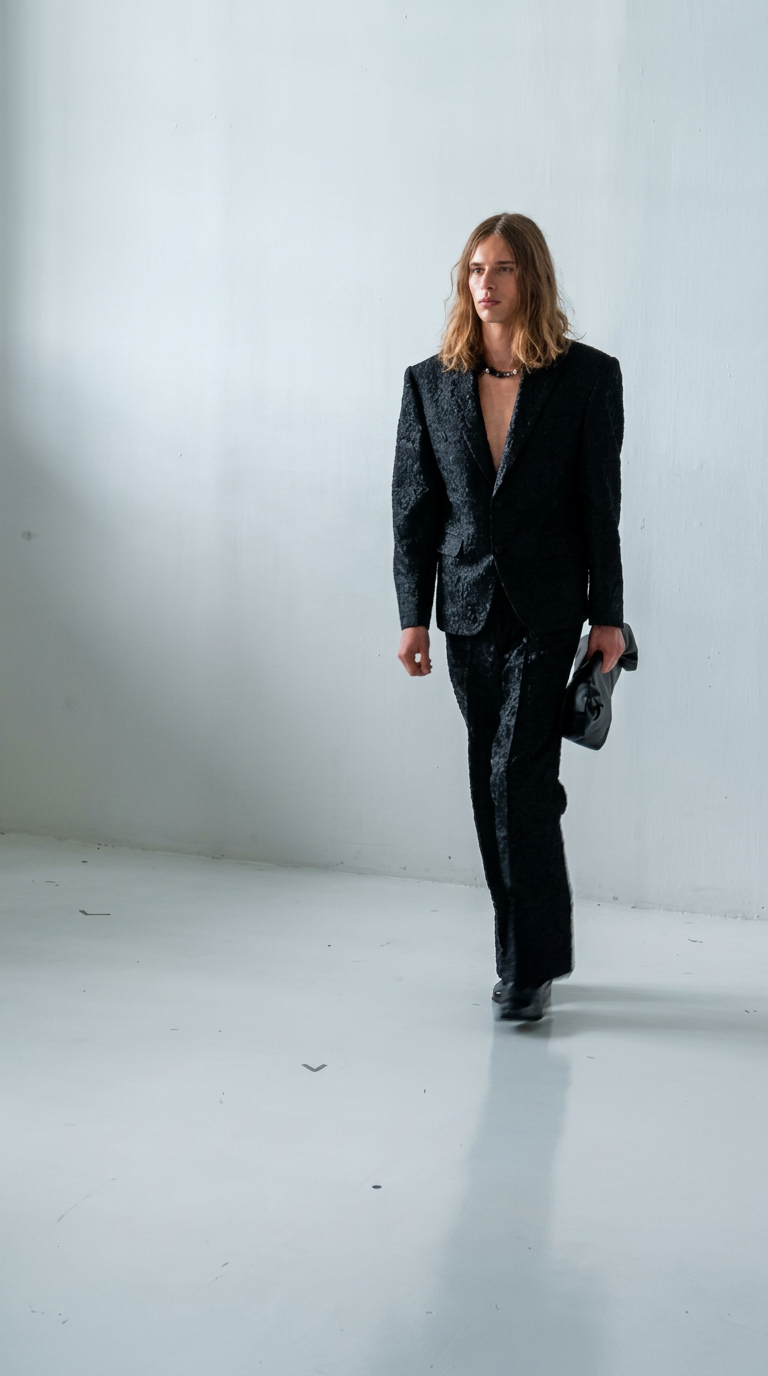 A study in modern tailoring, this look balances sharp structure with effortless sensuality. The textured black suit creates a striking silhouette, while the open neckline and layered necklace introduce an understated sense of rebellion. Paired with a