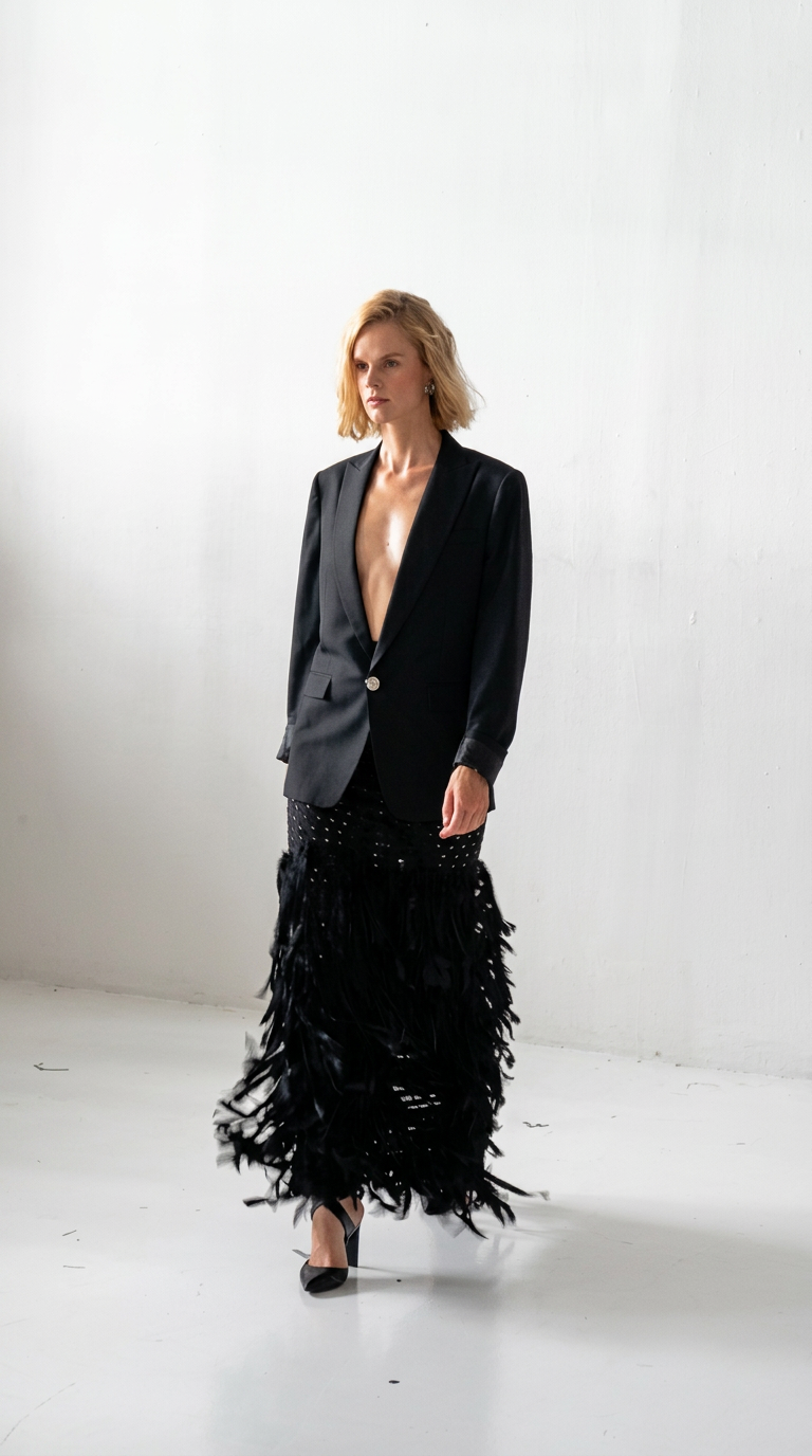“A quiet sense of drama unfolds through a silhouette where precision meets movement.” The sharply tailored black blazer creates a striking contrast against the extravagant feathered skirt, while the plunging neckline adds an effortless edge. Finished