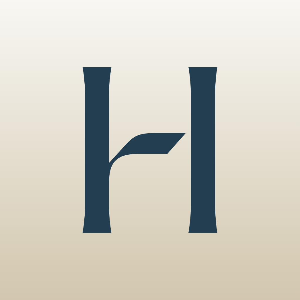 Abstract logo with a stylized letter H and a leaf-shaped element in the center on a gradient background.