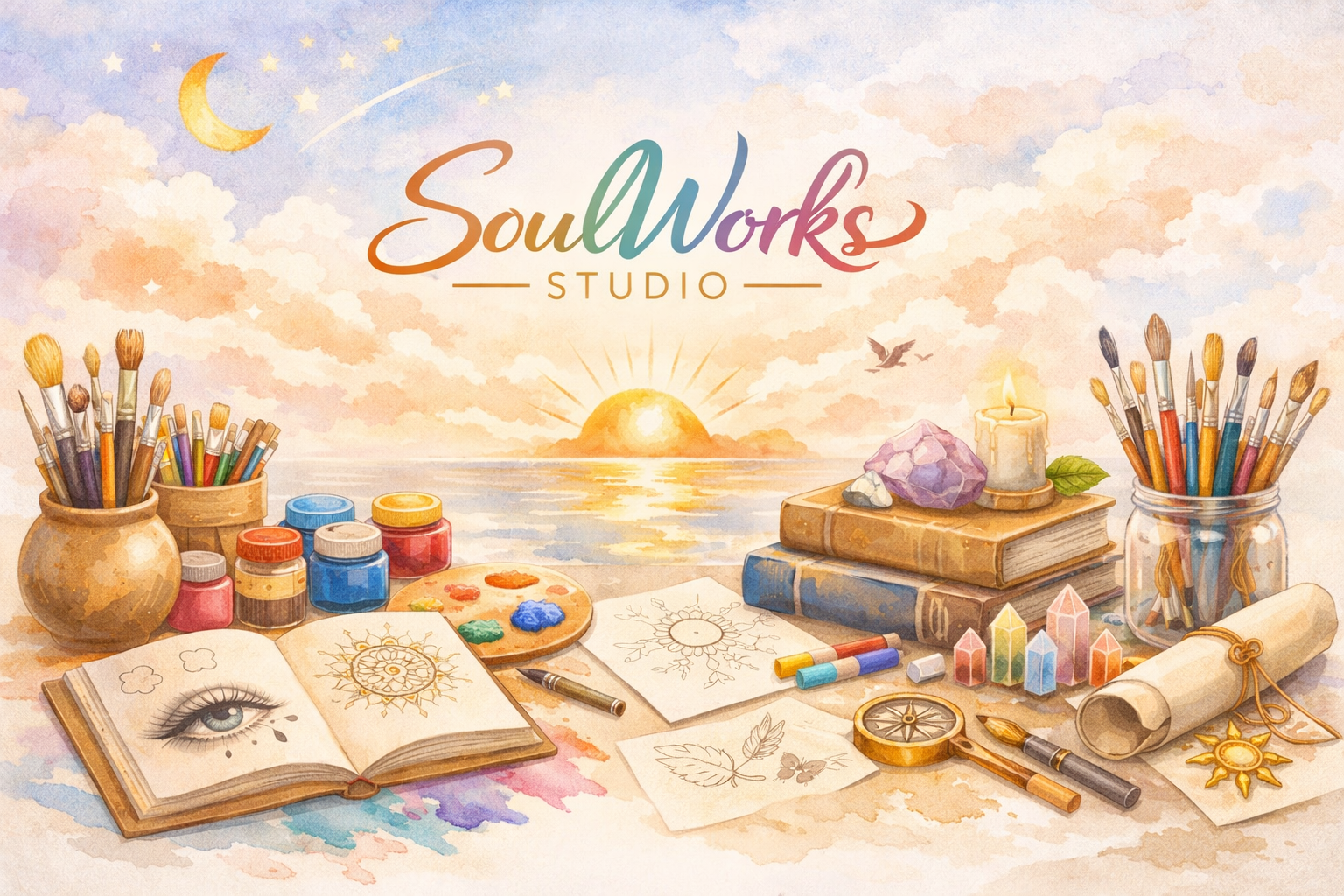 A watercolor-style art studio table set against a sunrise sky with a sunset, moon, and stars. It features paint jars, brushes, sketchbooks, ink, colorful crystals, a ring-bound scroll, drawings of an eye, feathers, and a compass.