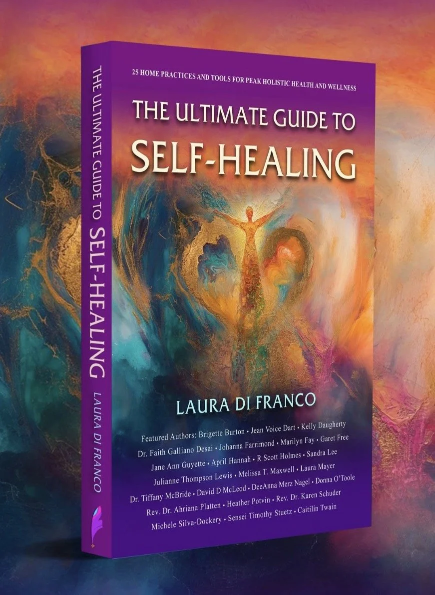 Book titled 'The Ultimate Guide to Self-Healing' by Laura Di Franco with a colorful abstract background featuring a figure with outstretched arms amid swirling colors.