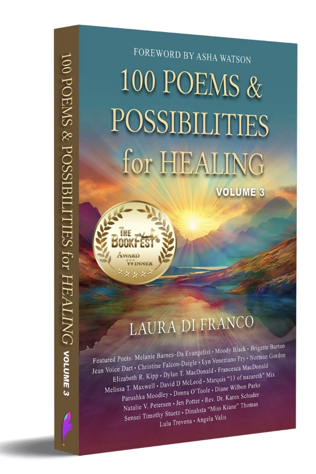 Book cover titled '100 Poems & Possibilities for Healing, Volume 3' by Laura Di Franco. Features a colorful landscape with mountains and a sunrise, and includes a gold badge indicating it won The BookFest Award.