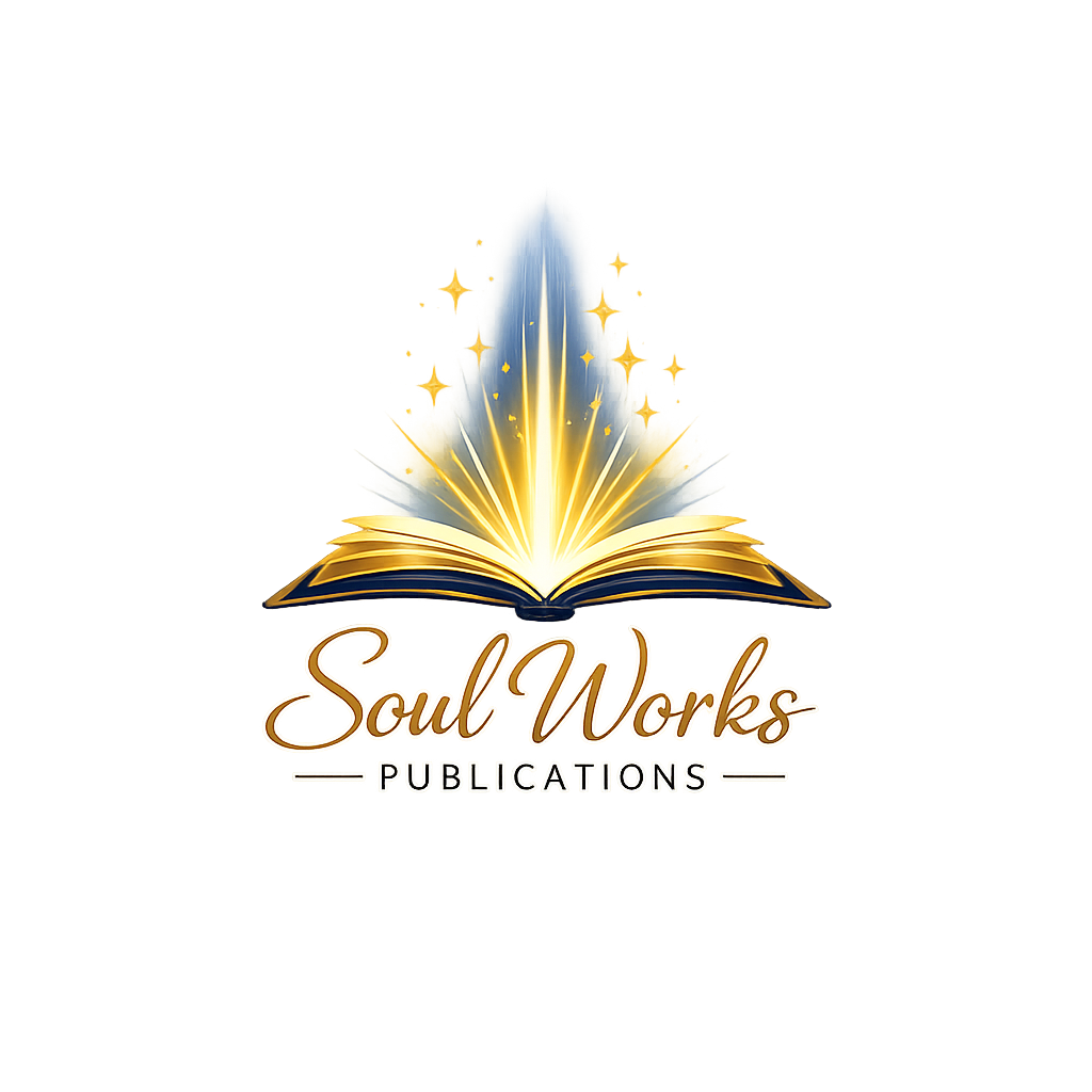 An open book with glowing pages and sparkles, with the text "Soul Works Publications" underneath.