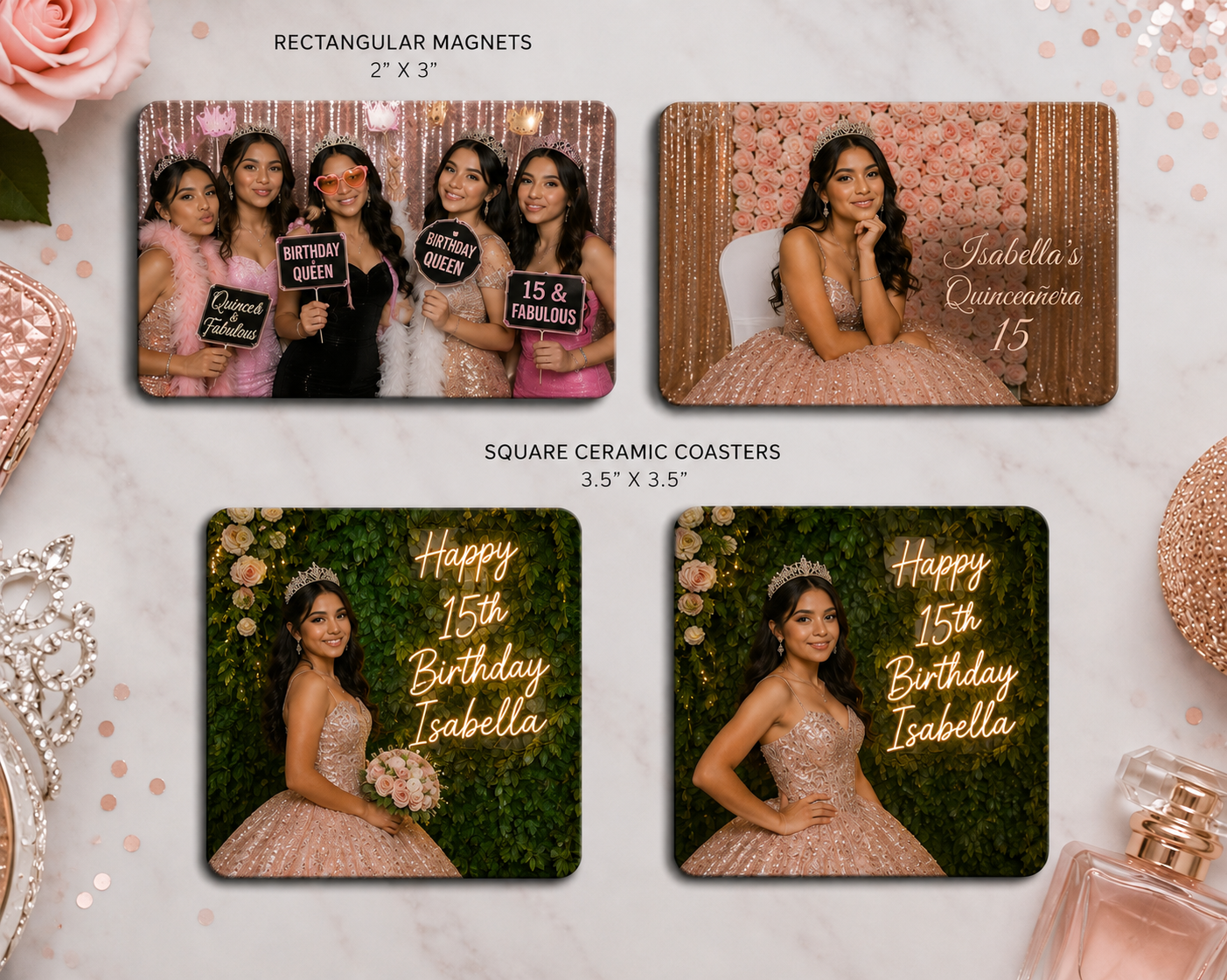 Decorative photo display featuring four items for a quinceañera celebration. Top left shows five young women in pink and black attire holding props like tiaras, signs, and pink sunglasses. Top right features a girl in a pink ball gown with a tiara, sitting on a white chair with a pink rose backdrop, labeled 'Isabella's Quinceañera 15'. Bottom left and right are matching square ceramic coasters with a girl in a pink ball gown and tiara, posing against a green leafy background with illuminated text reading 'Happy 15th Birthday Isabella'.