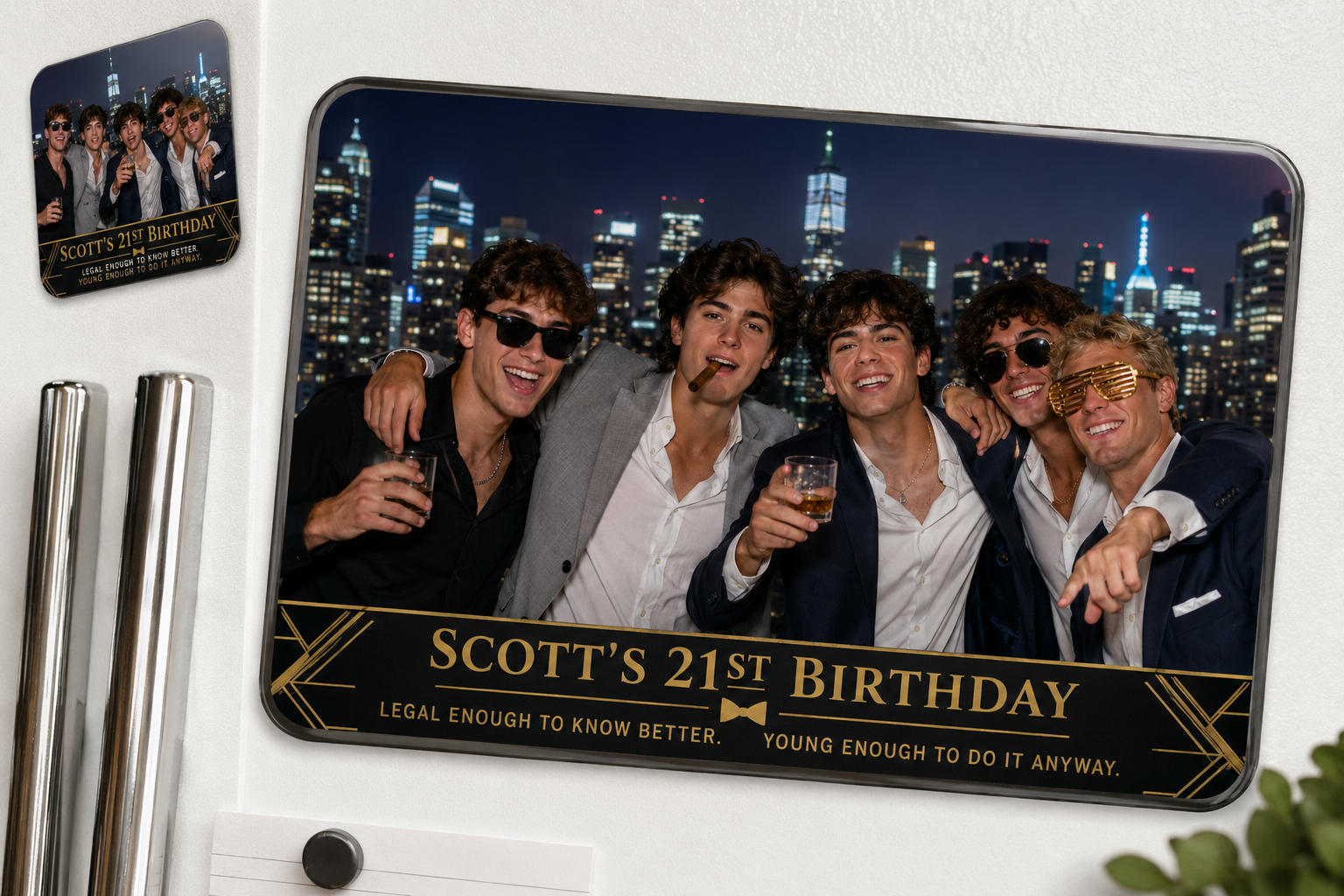 Photograph of six young men celebrating Scott's 21st birthday at night with a city skyline in the background. They are smiling, holding drinks, and wearing party accessories.