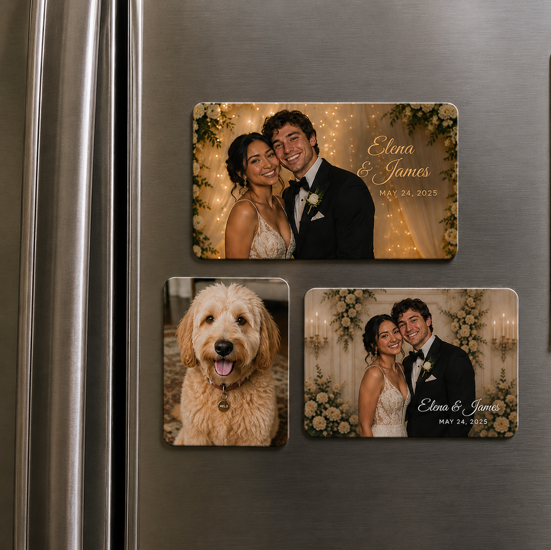 Three photographs on a refrigerator door: a couple at their wedding, a cute dog, and the couple again at their wedding with their names and wedding date.