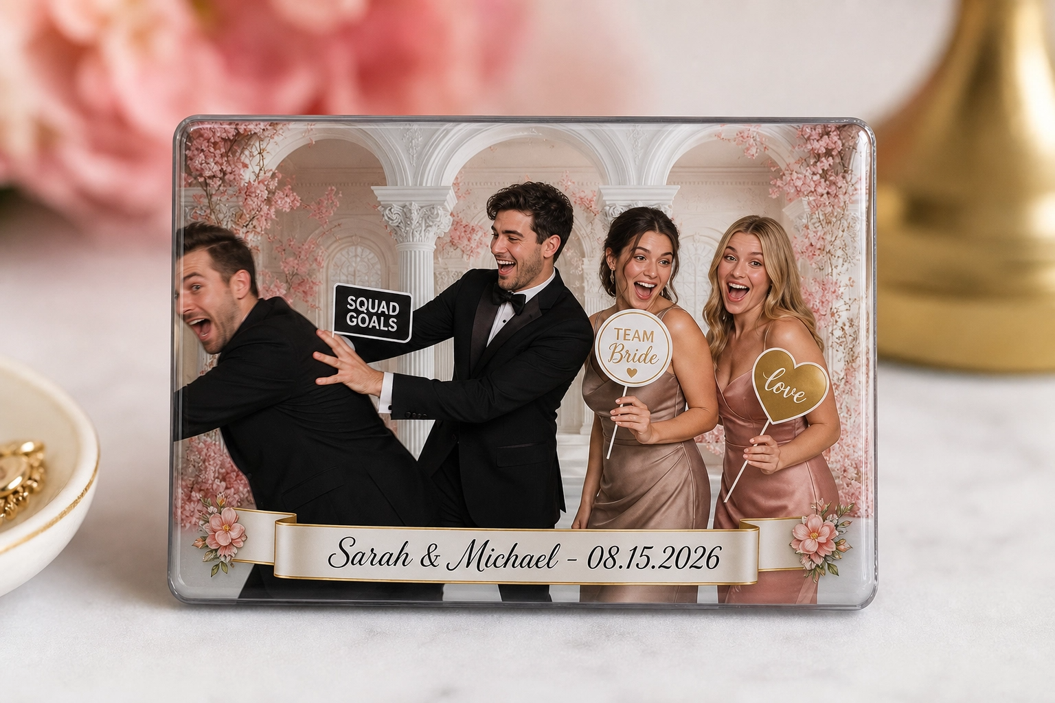 Photo of four people at a wedding celebration holding signs that read "Squad Goals," "Team Bride," and "Love" in front of a decorative background with cherry blossoms. A banner at the bottom of the photo reads "Sarah & Michael - 08.15.2026."