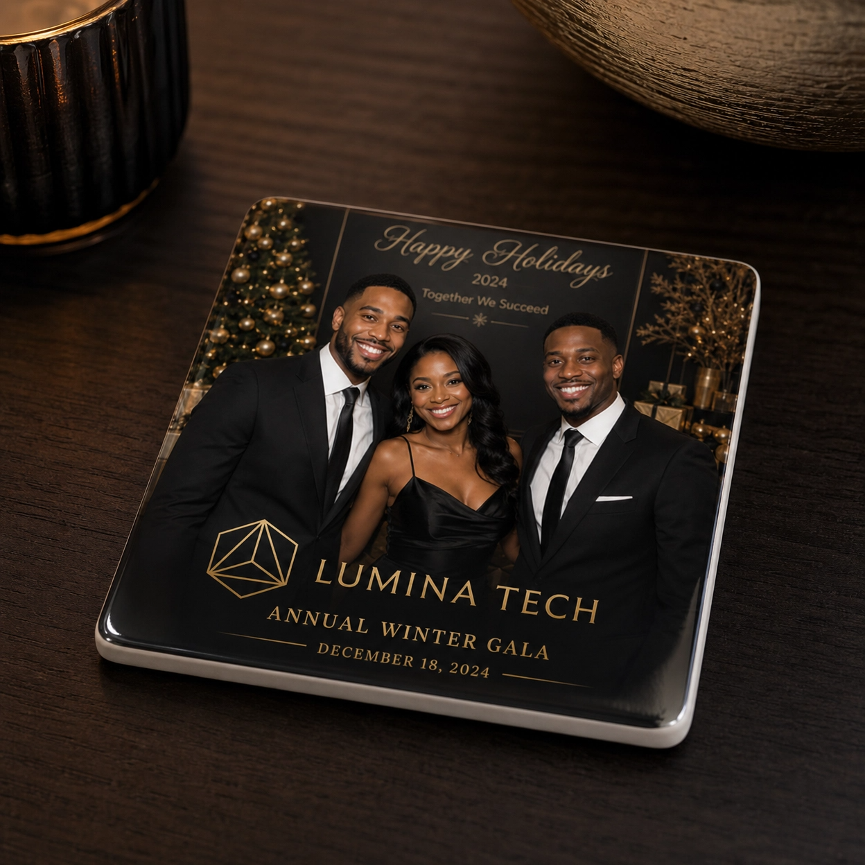 A custom photo plaque from Lumina Tech featuring three people dressed in black formal attire, smiling at the camera, in front of a festive holiday backdrop with Christmas trees and decorations, with text for a holiday event and annual dinner Gala.