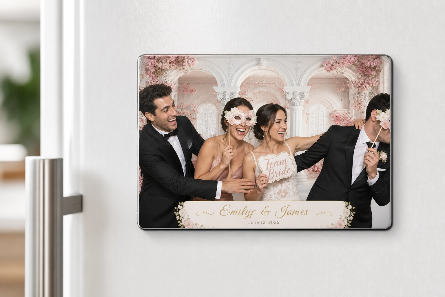 A group of four people at a wedding, with two men in tuxedos and two women, one with a 'Team Bride' sign. They are laughing and posing with masks, against a pink floral backdrop. The image is framed with the names 'Emyly & James' and the date June 12, 2026.