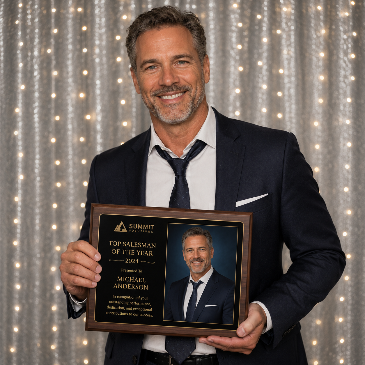 A man in a tuxedo holding a plaque with the photo and award details, smiling in front of a silver sequin backdrop.