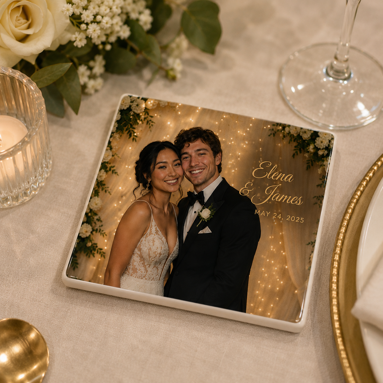 Wedding photo of a bride and groom on a decorative plate. The bride is wearing a lace wedding gown and the groom is in a tuxedo with a boutonniere. The background features fairy lights and floral decorations. The plate displays the names Elena and James and the date May 24, 2025.