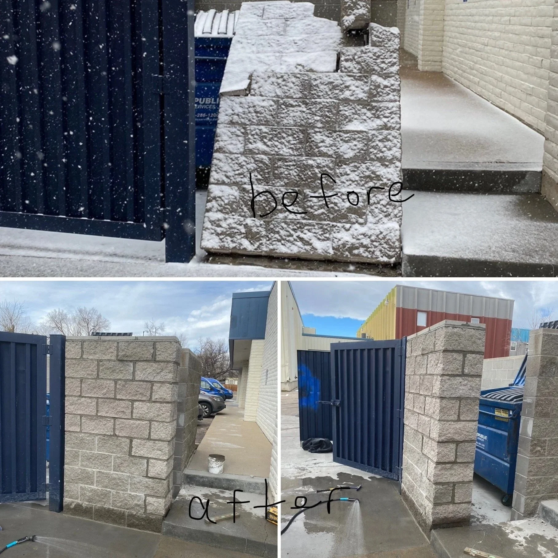 Comparison of brick wall and stone wall before and after construction. Top left and bottom left show stone wall before, top right and bottom right show brick wall after masonry work. Snow on ground and walls, some construction tools visible.