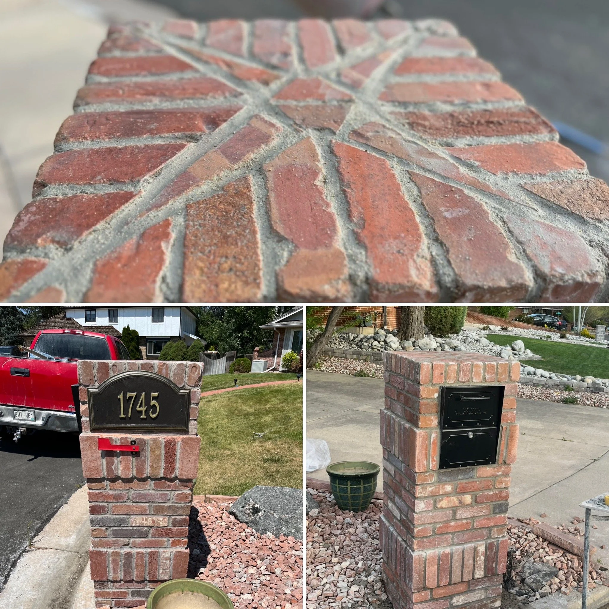 Close-up of a brick mailbox with the house number 1745, next to a red truck in a residential neighborhood.