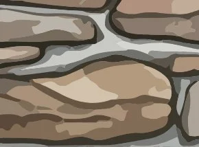 Illustration of a stone wall with irregularly shaped brown and beige stones and gray mortar.