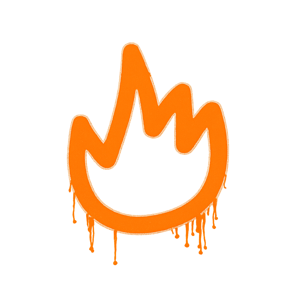 Orange spray painted stillfire sauna logo with dripping paint.