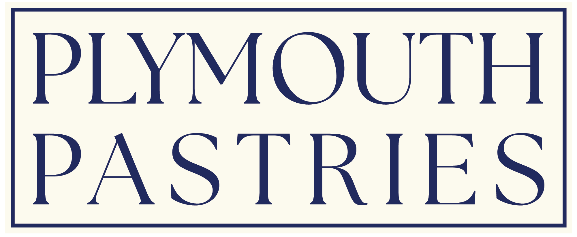 Sign that reads 'Plymouth Pastries' in navy blue text on a white background with a navy blue border.