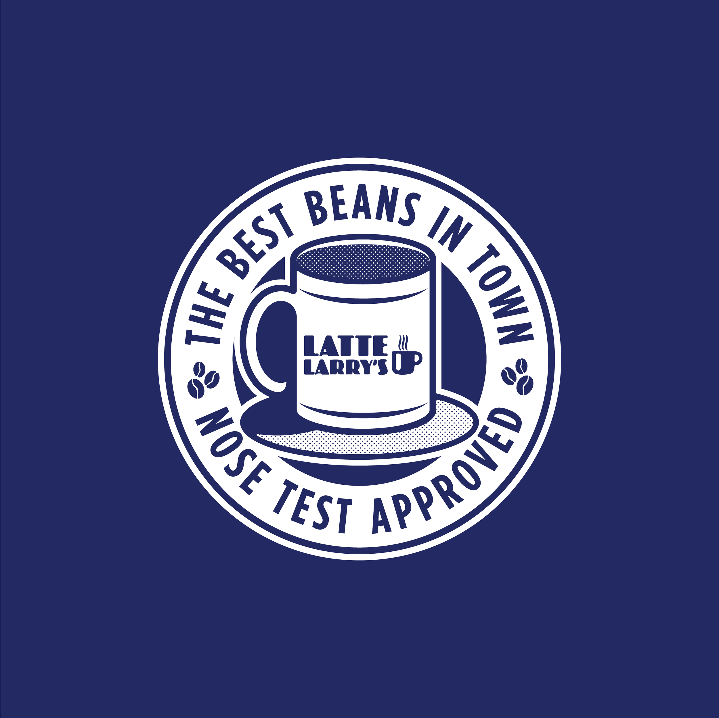 Logo with a blue background and a circular design featuring a coffee cup and the text 'The Best Beans in Town, Latte, Larry's' a Curb Your Enthusiasm inspired graphic